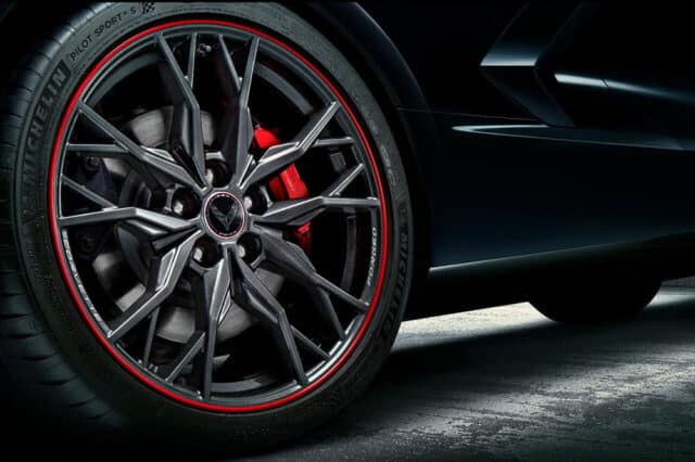2023 C8 Corvette 70th Anniversary Wheel Set - Midnight Grey with Red Pinstripe (Q9A) - Installed