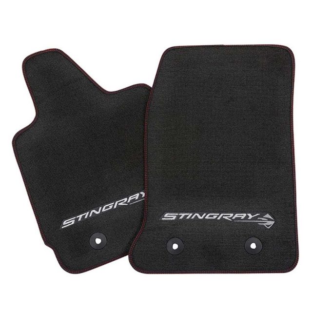 GM C7 Corvette Stingray front floor mats - black w/red stitching - 23112198