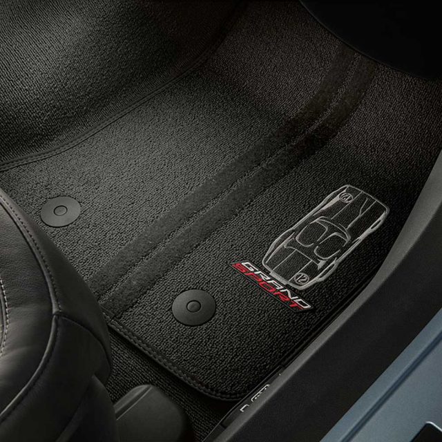 GM C7 Corvette Grand Sport front floor mats - black w/gray stitching - 23384150