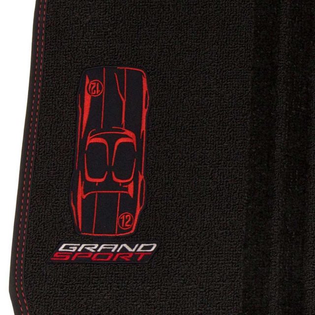GM C7 Corvette Grand Sport front floor mats - black w/red stitching closeup - 23384151