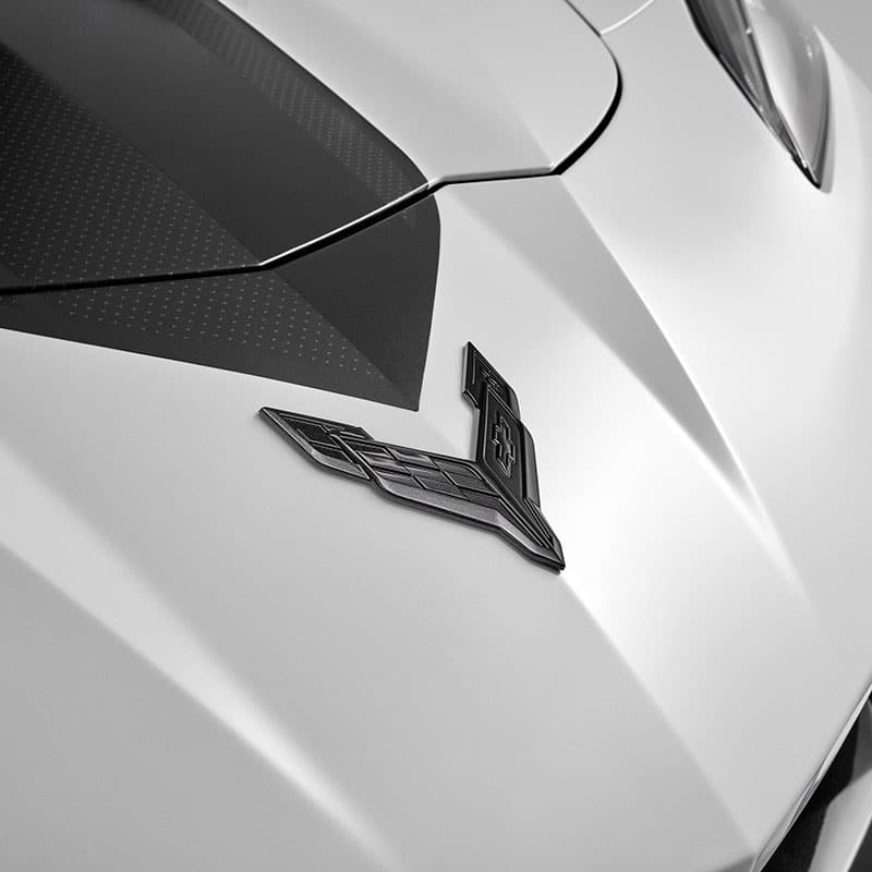 GM C8 Corvette Front Hood Emblem in Carbon Flash Metallic - 84872163 - Installed View