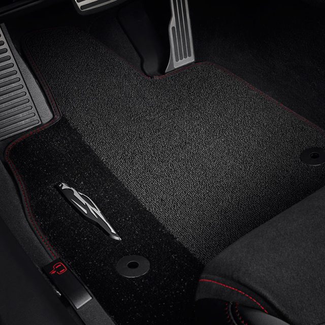 GM Jet Black Premium Carpet Floor Mats with Torch Red stitching