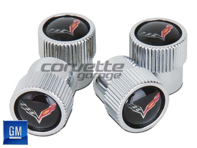 IPick Image Corvette C7 Stingray Logo Tire Valve Stem Caps - Black On Silver Aluminum - Set Of 4