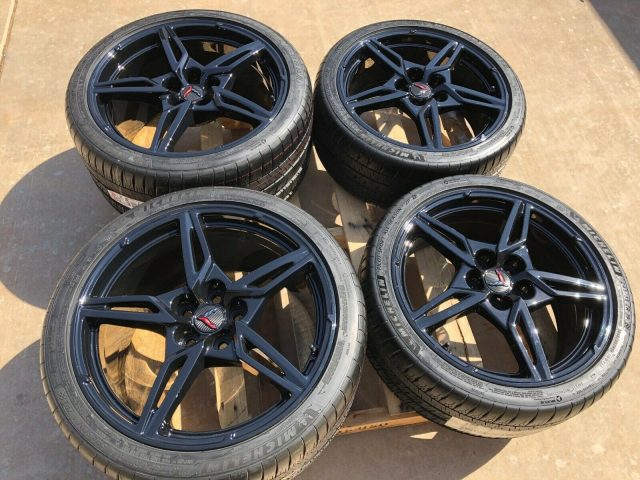 GM C8 Open Spoke Gloss Black Corvette Wheel & Michelin Tire Package - Front View